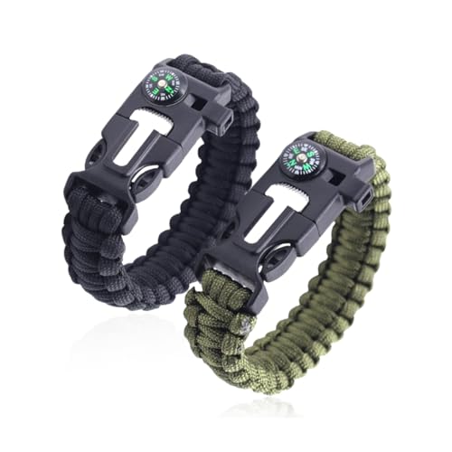 AEIOPRS Lot de 2 Bracelets de Survie en Paracorde avec Allume-feu Sifflet Boussole Longueur Réglable pour Camping et Survie en Pleine Nature