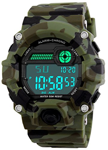BHGWR Enfants Montre Bracelet numériques Militaire de Sports de garçons avec l'alarme/minuterie, étanche à 5 Barres pour Enfants Adolescents Camouflage électronique