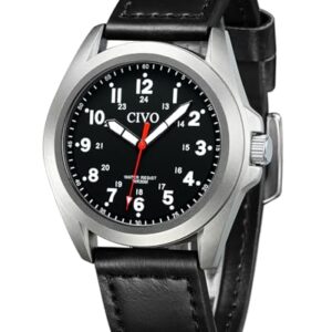 CIVO Montre Homme Cuir Militaire: Noir Sport Etanche - Montre Bracelet Simple Analogique Quartz Cadeau Homme