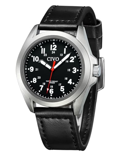 CIVO Montre Homme Cuir Militaire: Noir Sport Etanche - Montre Bracelet Simple Analogique Quartz Cadeau Homme