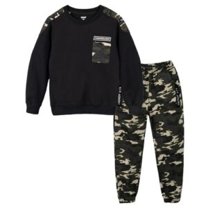Enfants Ensemble de survêtement Camouflage, 2 pièces Garçon Pantalon Cargo + Sweat à Manches Longues, Noir, 160