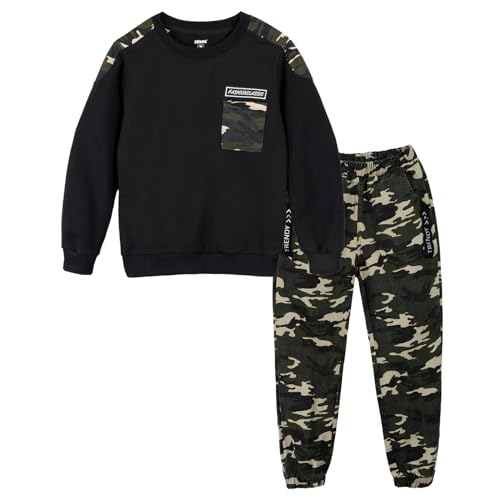 Enfants Ensemble de survêtement Camouflage, 2 pièces Garçon Pantalon Cargo + Sweat à Manches Longues, Noir, 160