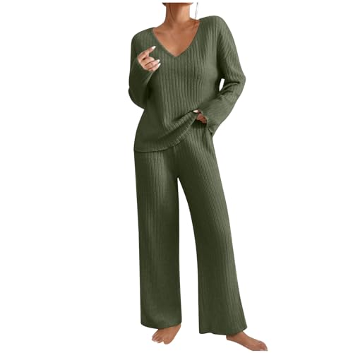 Flodxo Survêtement complet 2 pièces Co Ord pour femme Ensemble de pyjama en tricot côtelé à manches longues Col en V Pull Jambe large Jogging Tenue d'intérieur Yoga Survêtement, vert militaire, L