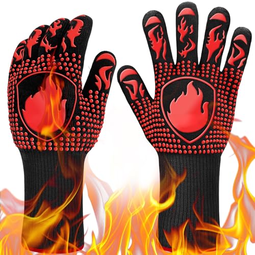 Gants de Barbecue, Gants Four Anti Chaleur Jusqu'à 800°C, Gant Barbecue Résistant à la Chaleur, Gants de Cuisine Antidérapants pour BBQ, la Cuisson, Grill et Cheminée, Rouge