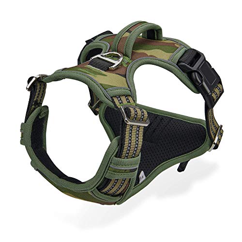 Harnais Chien Anti Traction, Harnais pour Chien Grand Moyen Réfléchissant Réglable Gilet Chien avec Poignée Respirante Harnais Poitrine de Sport sans Traction Vert Camouflage M
