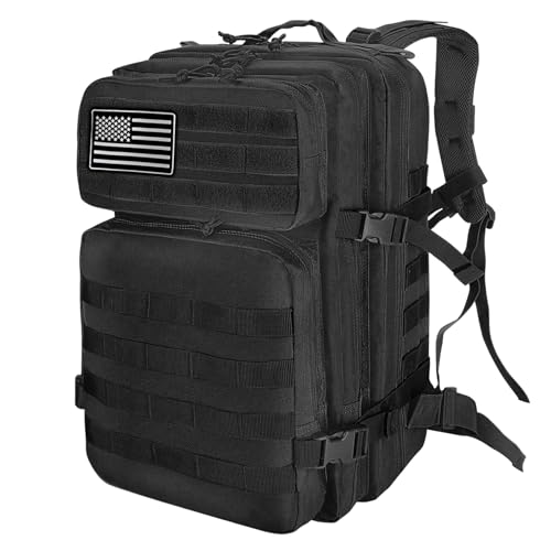 HEMSO Grand Sac à Dos Militaire 45L,Sac de Voyage Système MOLLE,Sac Crossfit de Sport pour Randonnée Trekking Moto Camping Voyage Pêche Alpinisme École (Noir)