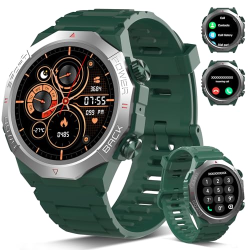 Militaire Montre Connectée Homme Femme avec Appel Bluetooth, 1.39" HD Smartwatch Motre Sport avec 110+ Modes Sportifs, Podometre Cardiofrequencemetre Sommeil, Etanche IP68 pour Android/iOS, Vert