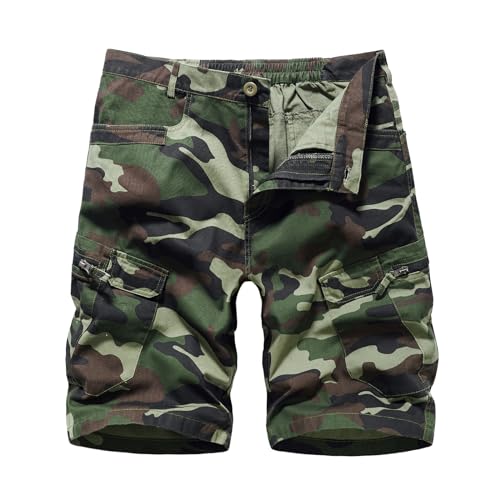 Misfuso Short Bermuda Homme en Coton, Short Cargo Homme Camouflage de Plusieurs Poches Taille Élastique Vert Camouflage L