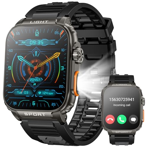 Montre Connectée Homme avec Appel Bluetooth: 1.91" Militaire Smartwatch avec Lampe de Poche LED Montre Fitness homme 100 Modes Sportif Moniteur de Sommeil Podometre Montre Intelligent pour Android iOS
