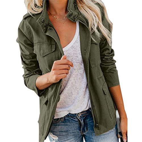 Veste Militaire Multi-Poches pour Femmes Anorak De Terrain Utilitaire à Manches Longues Et Fermeture éClair Veste Slim Spring Fall Outwear (Vert,XXL)