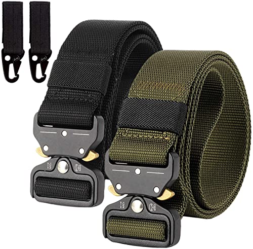 2x Ceinture Homme Tactique Militaire en Nylon Réglable avec Dégagement Rapide Boucle en Métal pour Sport Extérieur Pratique et Durable,Vert D'armée + Noir,Taille unique