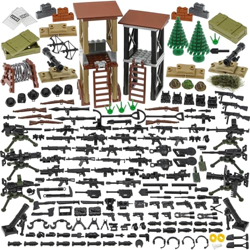BrickBounty 215 pcs Armes à feu-Armes-Packs Jouet Bloc de Construction, Ensemble d’équipement de l’armée pour Les Figurines de Briques-Soldat WW2 Bases Militaires Sentry Post Rangers SWAT MUNITIONS.