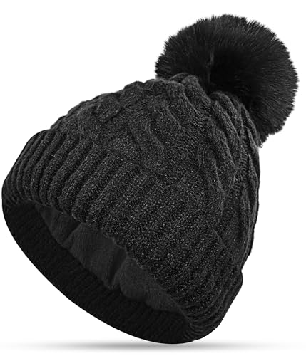 CAOZITOU Bonnet Femme Hiver, Double Toison Ligne Bonnet, Chaud Extensible Doux Chapeau avec Pompon Détachable pour Le Ski en Plein Air Sports Extérieurs (Noir)