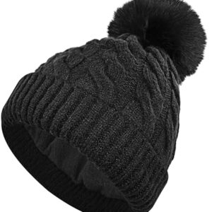 CAOZITOU Bonnet Femme Hiver, Double Toison Ligne Bonnet, Chaud Extensible Doux Chapeau avec Pompon Détachable pour Le Ski en Plein Air Sports Extérieurs (Noir)