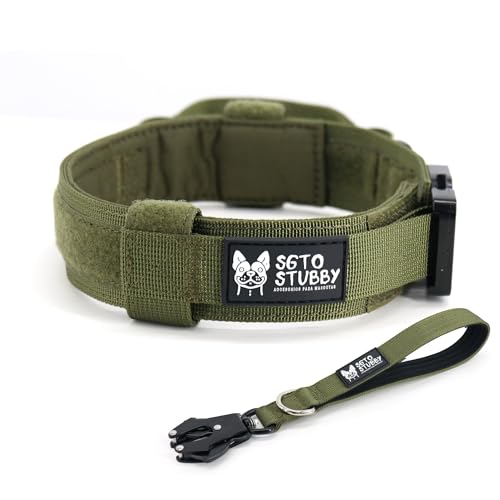 Collier tactique résistant pour chiens de grande et moyenne taille avec poignée de contrôle et fermeture métallique – Militaire K9 en nylon réglable avec panneau Velcro pour patchs (vert, M 35-48 cm)