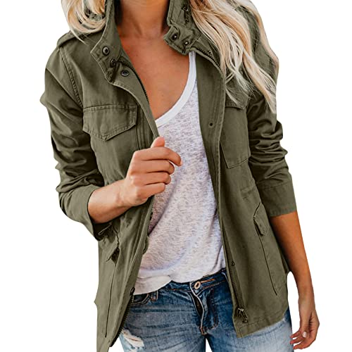 Femme Veste Militaire Coupe Blouson pour Femme Manteau Court Casual Zipper Jacket Poches Utility Jacket Automne Hiver Veste Manteau Outwear Classique Multi-Poches à Manches (02-Army Green, XXL)