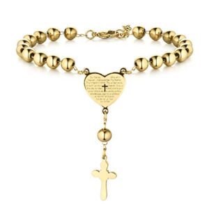 Flongo Bracelet Classique Croix Pendentif Chrétien Catholique Coeur Bible Prière Perle Acier Inoxydable Or Fantaisie Bijoux pour Femme et Homme