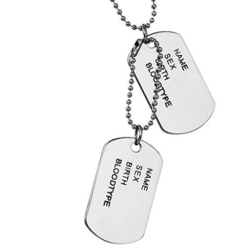 Flongo Collier Pendentif Alliage Dog Tag Plaque Militaire Nom Prénom Style Militaire Armée Chaîne Fantaisie Bijoux Cadeau Couleur Noir Argent pour Homme