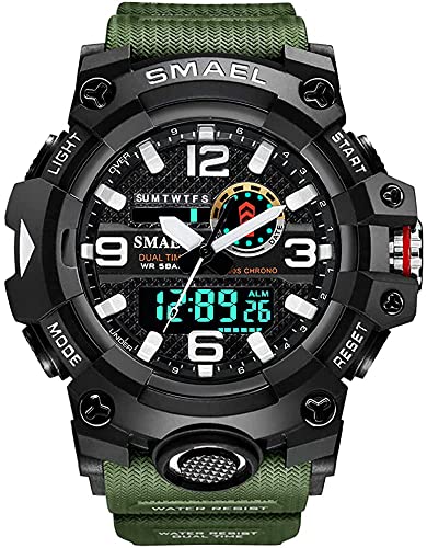 Fomtty Montre militaire pour homme, analogique et numérique, montre de sport, étanche à LED avec chronomètre numérique, montre de luxe décontractée, Wristwatch, Army Green, Bracelet