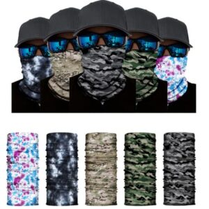 Freesom Lot de 5 Cache Cou Col Visage Couvre-Chef Modo Ete Bandana Tube Homme Camouflage Militaire Cagoule Tour de Cou Elastique Respirant Anti-solaire Sport Velo Vintage Cadeau Pas Cher