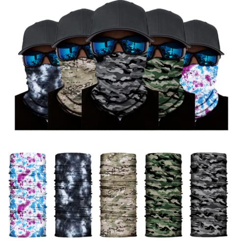 Freesom Lot de 5 Cache Cou Col Visage Couvre-Chef Modo Ete Bandana Tube Homme Camouflage Militaire Cagoule Tour de Cou Elastique Respirant Anti-solaire Sport Velo Vintage Cadeau Pas Cher