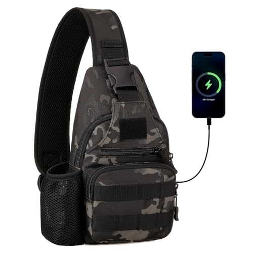 HUNTVP Bandoulière Sac Épaule Poitrine Tactique avec USB Charge Port, Sac Cyclisme Randonnée Sac À Dos,Sacoche Homme Bandoulier Molle pour Voyage Business Camping Scolaire Cyclisme, Camo