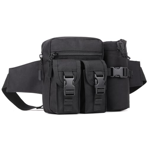 Huntvp Sac Banane,Sac de Ceinture Tactique Militaire avec Poche de Bouteille d'eau Homme Femme pour Sport Randonnée Camping Voyage Cyclisme Escalade Chasse Trekking Excursion (Noir)
