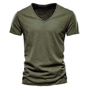 kosopse T-shirt décontracté en coton de couleur unie avec col en V et manches courtes pour homme, vert militaire, L