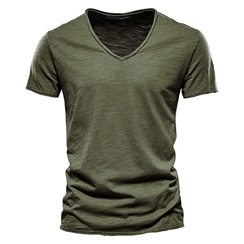 kosopse T-shirt décontracté en coton de couleur unie avec col en V et manches courtes pour homme, vert militaire, L