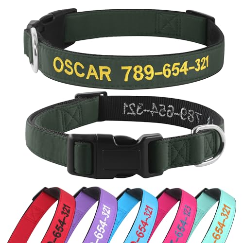 Kuley Collier Chien Personnalisé, Brodé sur Mesure avec Le Nom et Le Numéro de Téléphone pour Extra-Petits Petits Moyens Grands Chiens (Vert Militaire)