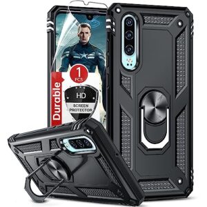 LeYi Coque pour Huawei P30 avec Anneau Support, Double Couche Renforcée Défense Bumper TPU Silicone Antichoc Armure Housse Etui avec Protection écran pour Huawei P30 Noir