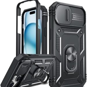 LeYi Coque pour iPhone 15 Antichoc avec Lentille Coulissante, Anneau Support, Protection de Caméra PC Dur Renforcée Armor Heavy Duty Militaire Bumper Housse Coque iPhone 15 -Noir
