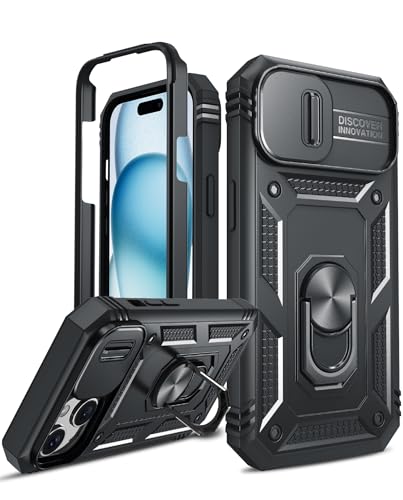 LeYi Coque pour iPhone 15 Antichoc avec Lentille Coulissante, Anneau Support, Protection de Caméra PC Dur Renforcée Armor Heavy Duty Militaire Bumper Housse Coque iPhone 15 -Noir