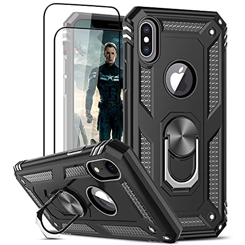 LeYi Coque pour iPhone X/XS avec 2 Verre Trempé, Anneau Support Militaire Anti-Chute Double Couche Renforcée Défense Rigide Etui Protection pour iPhone X/XS Noir