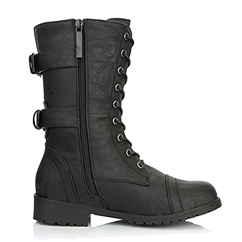 Minetom Femmes Bottines Militaire Fermeture Éclair Lacets Bottes de Combat Automne Hiver Chelsea Bottes Chaussures Matelassé Carte de Crédit Poche Ankle Boots Noir 38 EU