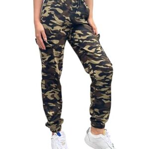Nuofengkudu Ado Femme Camouflage Pantalon Survetement Cheville Cargo Poche Elastique Taille Haute Jogging Bas Survetement à Cordon de Serrage Sarouel Sport Fitness Vert 2XL