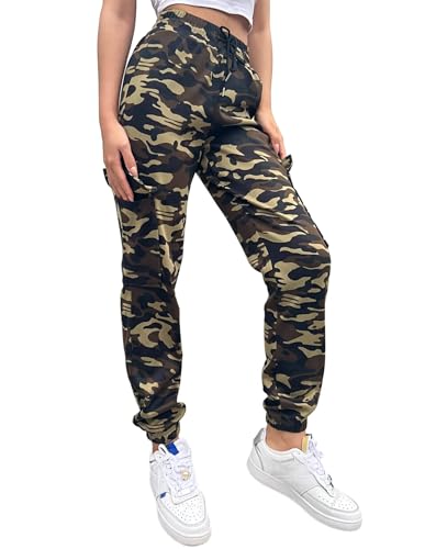 Nuofengkudu Ado Femme Camouflage Pantalon Survetement Cheville Cargo Poche Elastique Taille Haute Jogging Bas Survetement à Cordon de Serrage Sarouel Sport Fitness Vert 2XL