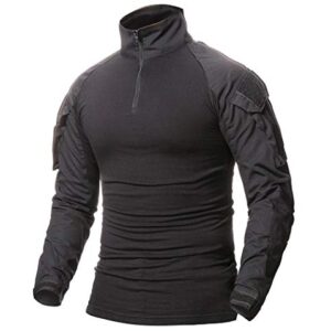 Oanviso Homme Chemises Pulls Combat Militaire Airsoft BDU Shirt Tenue Camouflage Hauts Uniforme Tactique Séchage Rapide avec Poches Coudières Manches Longues A Noir M
