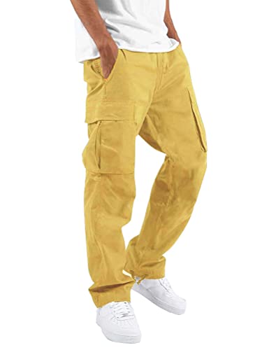 ORANDESIGNE Homme Pantalons Casual Jeans Sport Jogging Slim Fit Militaire Cargo Montagne Baggy Pants Multi Poches Pantalon Cargo Homme Casual Sport Jogging Jogger Chino C Jaune L