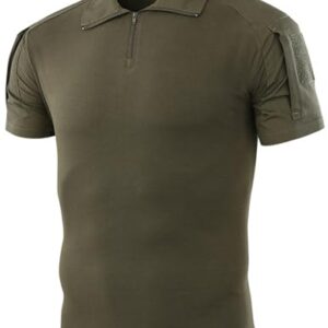 PADOLA Tactique Tee Shirt Homme 1/4 Zip Combat T Shirt Camouflage Militaire Tshirt Été Cargo T-Shirts à Manches Courtes Multi-Poches Chemise de Travail Tenue Militaire Chasse (S, 1 Vert armée)