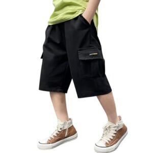 Pantalon Court Cargo Ado Garçon Taille élastique 8-15 Ans Ete Large Shorts et Bermudas Ample Enfant Garcon Pas Cher Confortable Casual Sport Jogging Streetwear Sweatpants (Black, 9-10 Years)