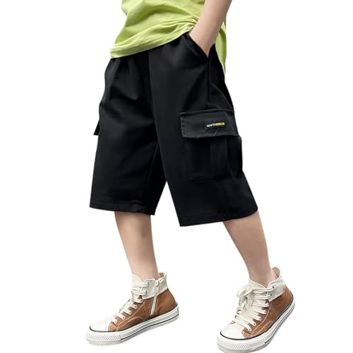 Pantalon Court Cargo Ado Garçon Taille élastique 8-15 Ans Ete Large Shorts et Bermudas Ample Enfant Garcon Pas Cher Confortable Casual Sport Jogging Streetwear Sweatpants (Black, 9-10 Years)