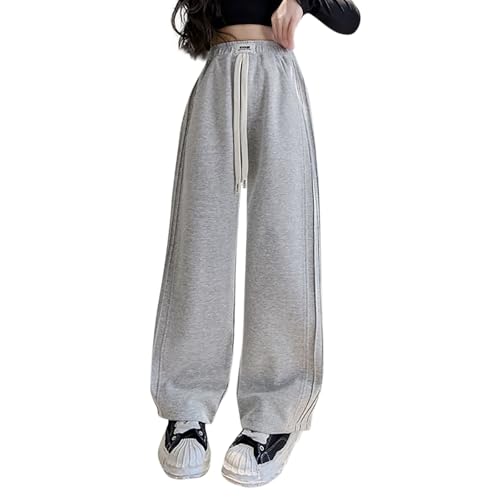 Pantalon Droit Fille Taille élastique 3-14 Ans Pantalon Jambe Large Ado Fille Hiver Ample Rayures Mignon Confortable Casual Sport Jogging Vacances Streetwear (Grey, 13-14 Years)