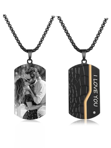 PiercingJak Cadeau Fête de Père, Collier Dog Tag Photo Personnalisé Pendentif Médaillon Plaque Militaire Armée en Acier Inoxydable avec Chaîne Cadeau Papa Homme Femme Couple
