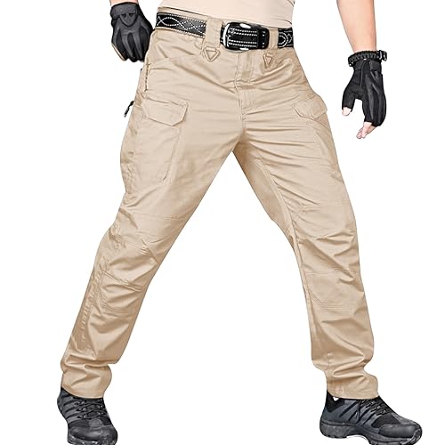 Rrongwn Pantalon tactique pour homme - Pantalon militaire - Pantalon de combat - Pantalon tactique - Genouillères amovibles - Pour activités de plein air, beige, L