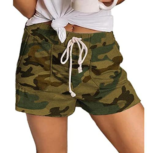 SHINROAD Short camouflage pour femme avec poches à la taille élastique et cordon de serrage Vert militaire Taille L