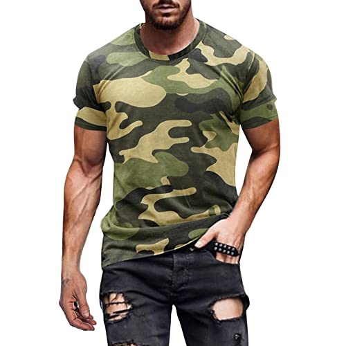 T-shirt camouflage pour homme - T-shirt d'été respirant à manches courtes avec col rond - T-shirt de loisirs confortable et léger - Style militaire - Large couleur camouflage - Haut de sport tactique
