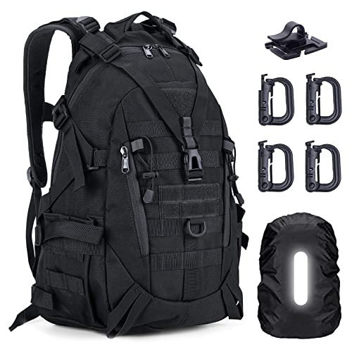 TANSOLE TAN SOLE sac a dos tactique commando militaire homme et femme crossfit outdoor randonnée trekking survie moto bug out bag avec 4 boucles en forme de D et housse de pluie (Noire)