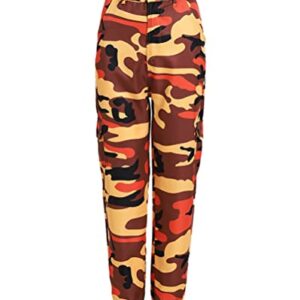 Tomwell Pantalon Cargo Femme Militaire Taille Haute avec Poche Mode Hip Hop Sweatpants Pantalon Imprimé Camouflage de Training Jogging Legging Orange XL