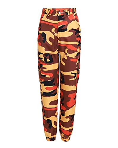 Tomwell Pantalon Cargo Femme Militaire Taille Haute avec Poche Mode Hip Hop Sweatpants Pantalon Imprimé Camouflage de Training Jogging Legging Orange XL